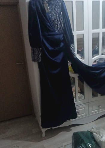 Uzun Kollu Drapeli Lacivert Kadın Abiye Elbise - Görsel 5