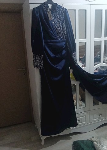 Uzun Kollu Drapeli Lacivert Kadın Abiye Elbise - Görsel 3