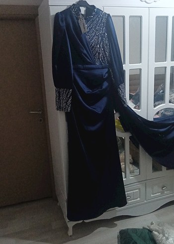 Uzun Kollu Drapeli Lacivert Kadın Abiye Elbise - Görsel 2