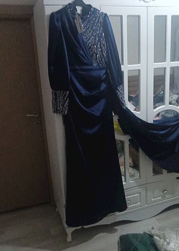 Uzun Kollu Drapeli Lacivert Kadın Abiye Elbise - Görsel 4