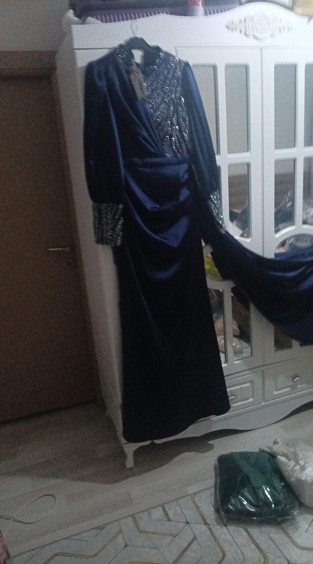 Uzun Kollu Drapeli Lacivert Kadın Abiye Elbise - Görsel 5