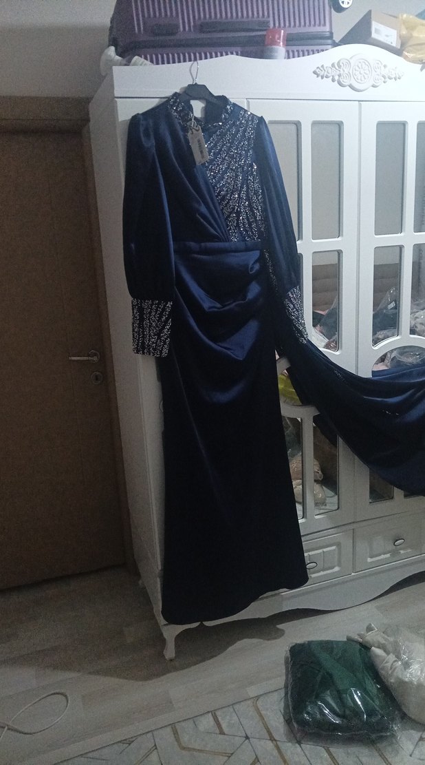 Uzun Kollu Drapeli Lacivert Kadın Abiye Elbise - Görsel 3