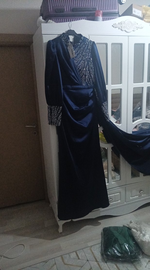 Uzun Kollu Drapeli Lacivert Kadın Abiye Elbise - Görsel 2