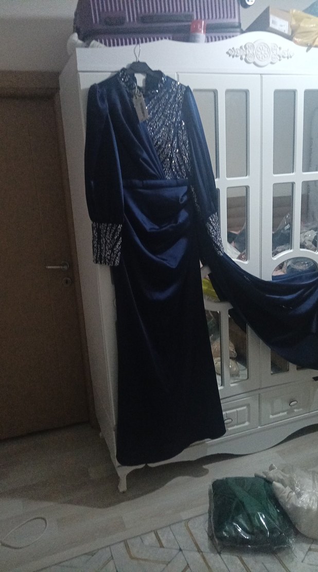 Uzun Kollu Drapeli Lacivert Kadın Abiye Elbise - Görsel 4