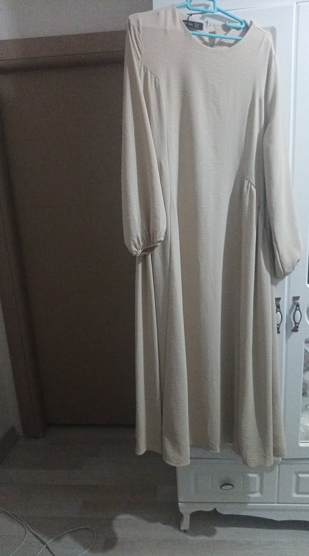 Gri Uzun Kollu Salaş Keten Elbise - Görsel 2