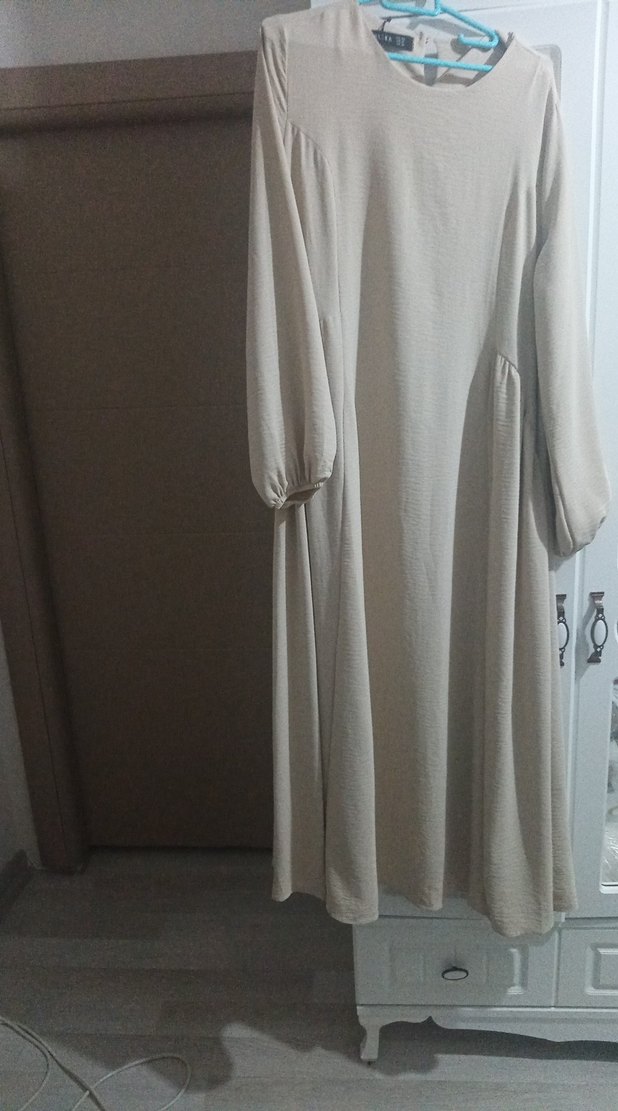 Gri Uzun Kollu Salaş Keten Elbise - Görsel 3