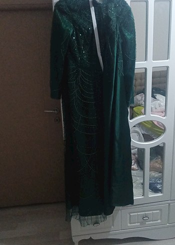 Yeşil Uzun Kollu Kadın Abiye Elbise - Görsel 3