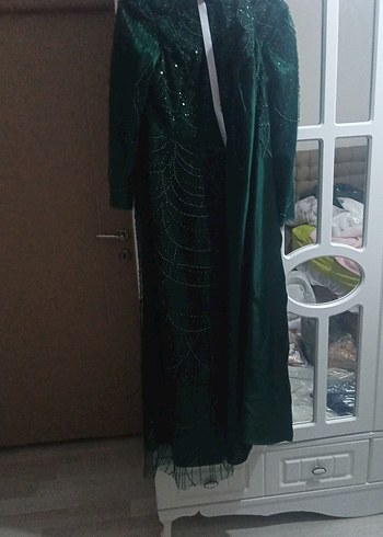 Yeşil Uzun Kollu Kadın Abiye Elbise - Görsel 4