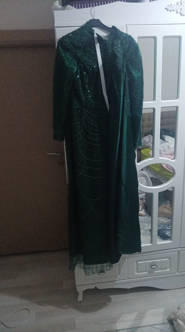 Yeşil Uzun Kollu Kadın Abiye Elbise - Görsel 3