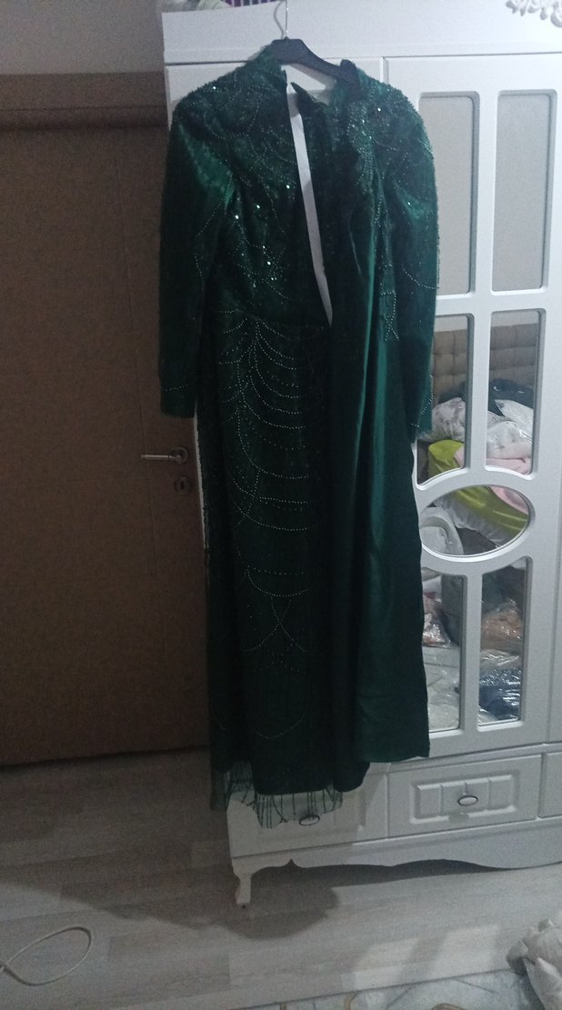 Yeşil Uzun Kollu Kadın Abiye Elbise - Görsel 4