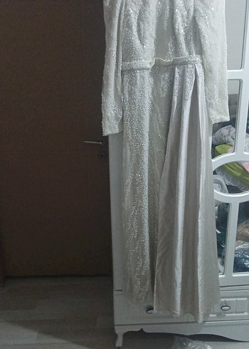 Uzun Kollu Drape Detaylı Beyaz Nişan Elbisesi - Görsel 2