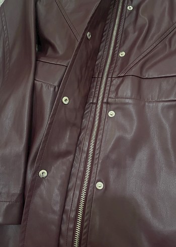 Bordo Düğmeli Kadın Deri Ceket - Görsel 2