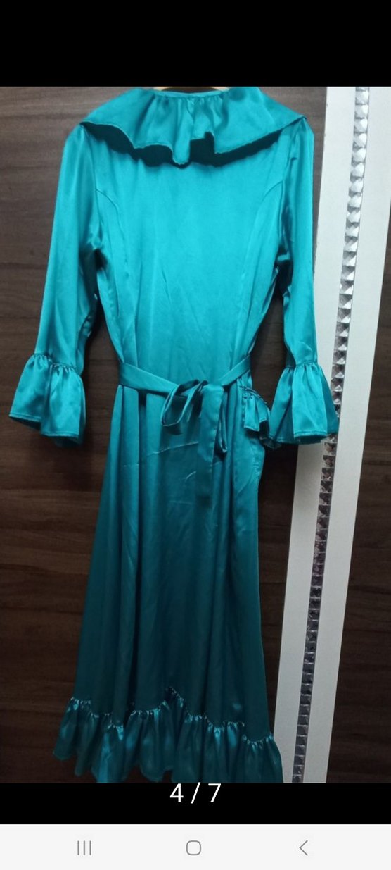 Turkuaz Saten Uzun Kollu Volanlı sabahlık - Görsel 4