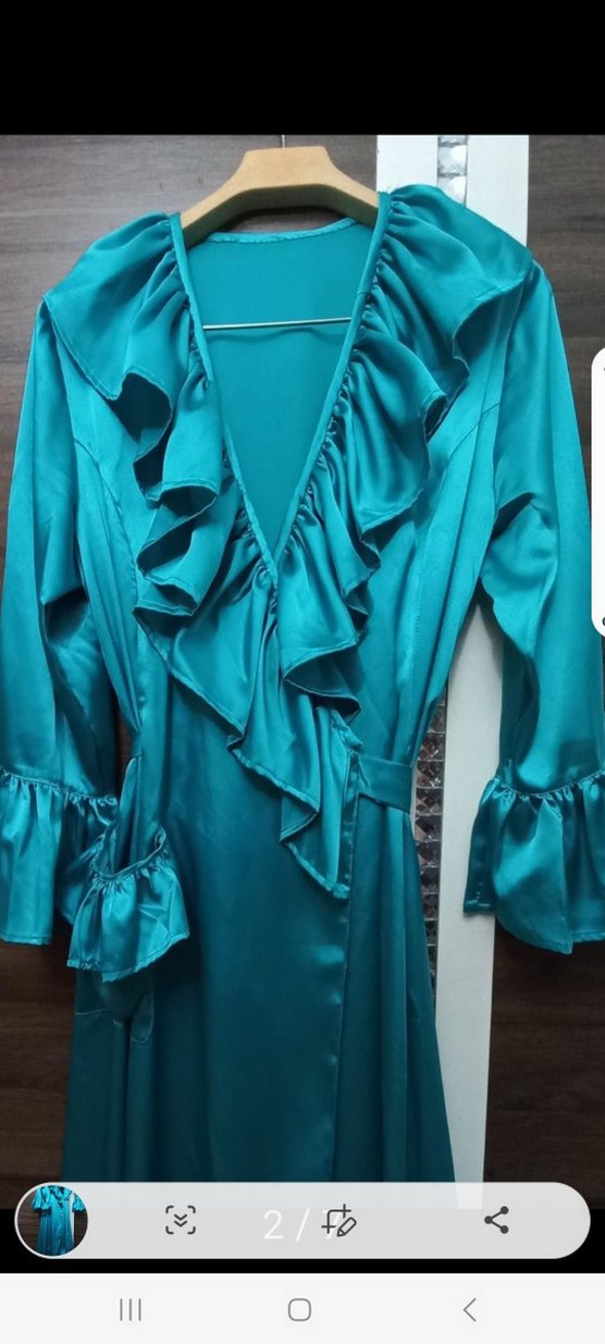 Turkuaz Saten Uzun Kollu Volanlı sabahlık - Görsel 2