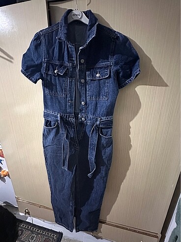 Mavi kemerli denim tulum