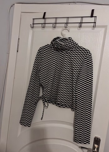 Kadın Gri Kareli Boğazlı Fit Bluz - Görsel 2