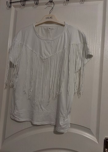 Pamuklu, püsküllü, kısa kollu bohem tişört - Görsel 2