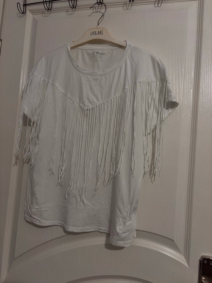 Pamuklu, püsküllü, kısa kollu bohem tişört - Görsel 2