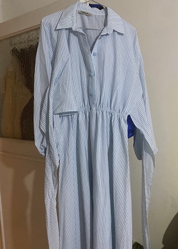 xl Beden Mavi Çizgili Salaş Uzun Elbise