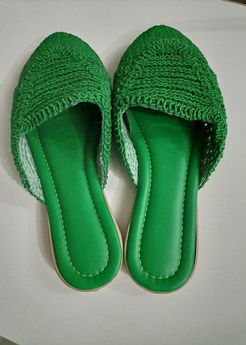 Örgü Detaylı Yeşil Kadın Terlik - Görsel 2