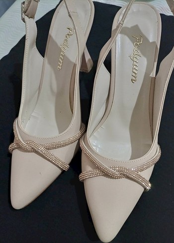 Bej Kadın Stiletto Taşlı Abiye Ayakkabı - Görsel 6