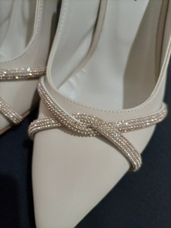 Bej Kadın Stiletto Taşlı Abiye Ayakkabı - Görsel 5