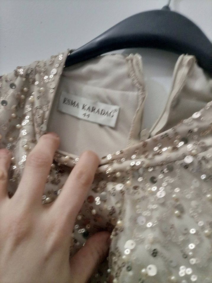 Uzun Kollu Beyaz Payetli Abiye Elbise - Görsel 4