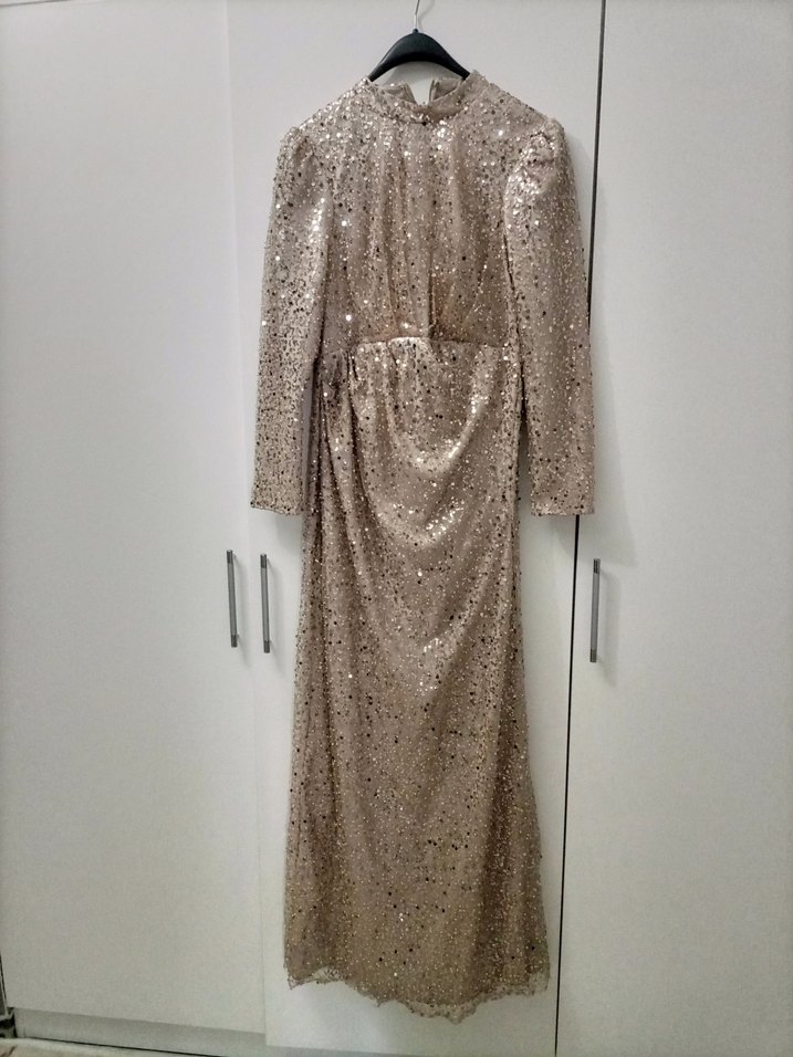 Uzun Kollu Beyaz Payetli Abiye Elbise - Görsel 3