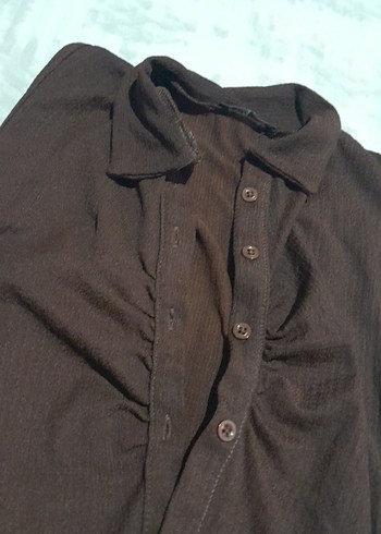 Kahverengi Kolsuz Düğmeli Keten Gömlek - Görsel 2