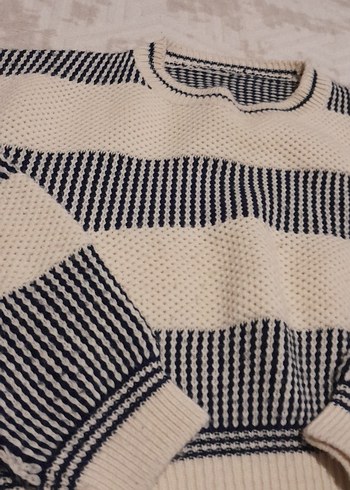Gri Beyaz Çizgili Kadın Triko Kazak - Görsel 2