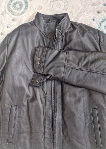 Siyah Deri Biker Ceket, Kemerli, Regular Fit - Görsel 4