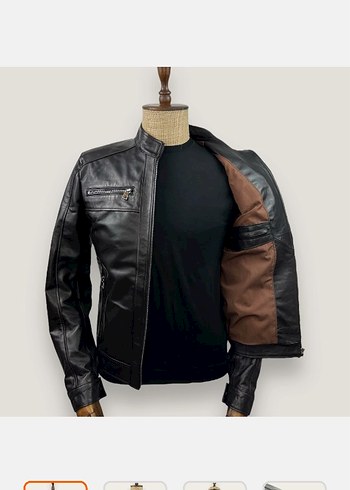 Siyah Deri Biker Ceket, Kemerli, Regular Fit - Görsel 2