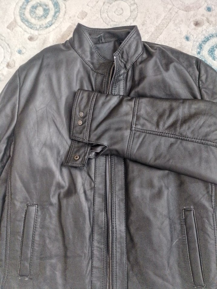 Siyah Deri Biker Ceket, Kemerli, Regular Fit - Görsel 4