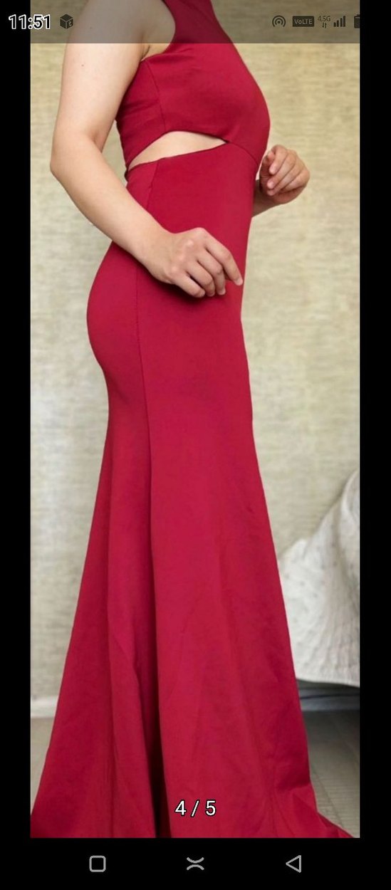 Bordo V Yaka Uzun Saten Elbise - Görsel 4