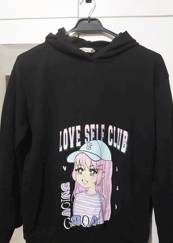 Kız çocuğu Siyah Kapüşonlu Baskılı Sweatshirt