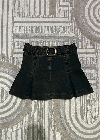 Kemerli Siyah Denim Mini Etek