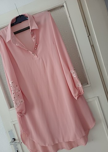 Pembe Uzun Kollu Nakışlı Salaş Tunik