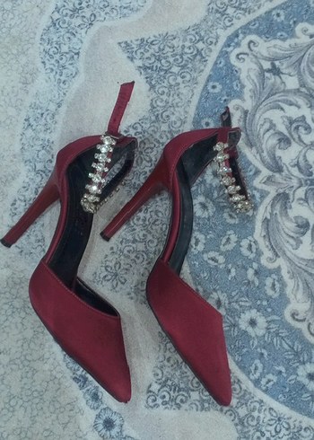 Bordo Süet saten Taşlı Yüksek Topuklu Kadın Ayakkabı - Görsel 2
