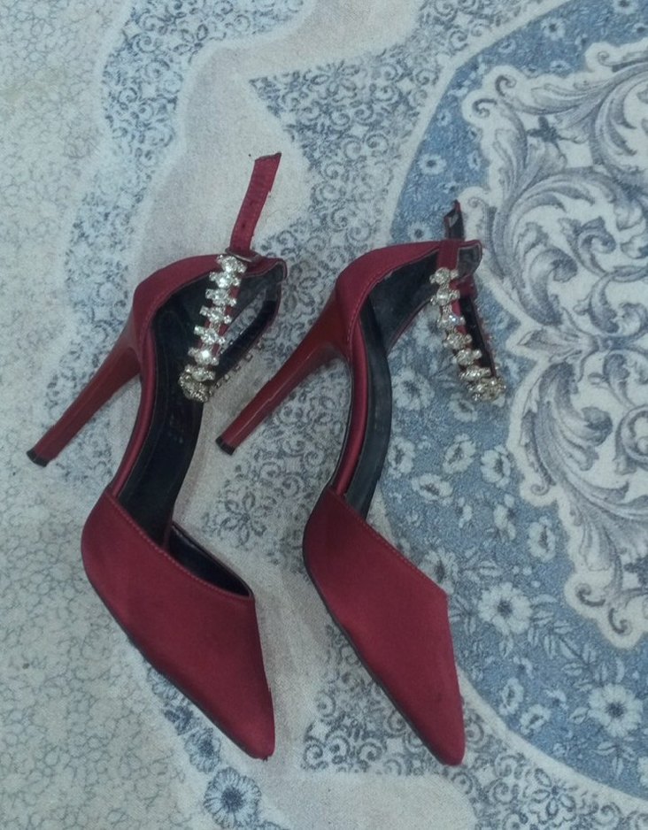 Bordo Süet saten Taşlı Yüksek Topuklu Kadın Ayakkabı - Görsel 2