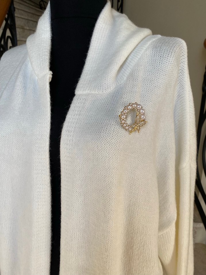 Krem Uzun Kollu Örgü Kadın Hırka - Görsel 2