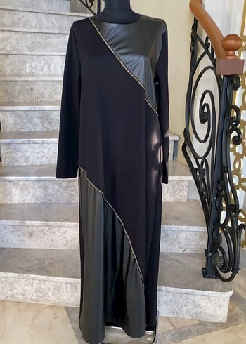 Uzun Siyah Deri detaylı Gotik Elbise 4 beden - Görsel 2