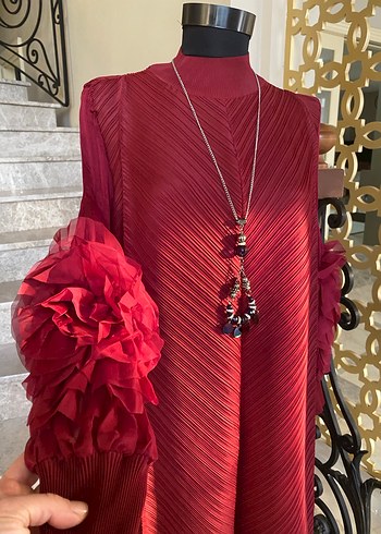 İthal Bordo Piliseli Uzun Bohem Elbise - Görsel 2