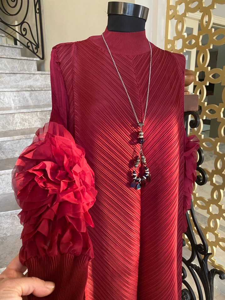 İthal Bordo Piliseli Uzun Bohem Elbise - Görsel 2