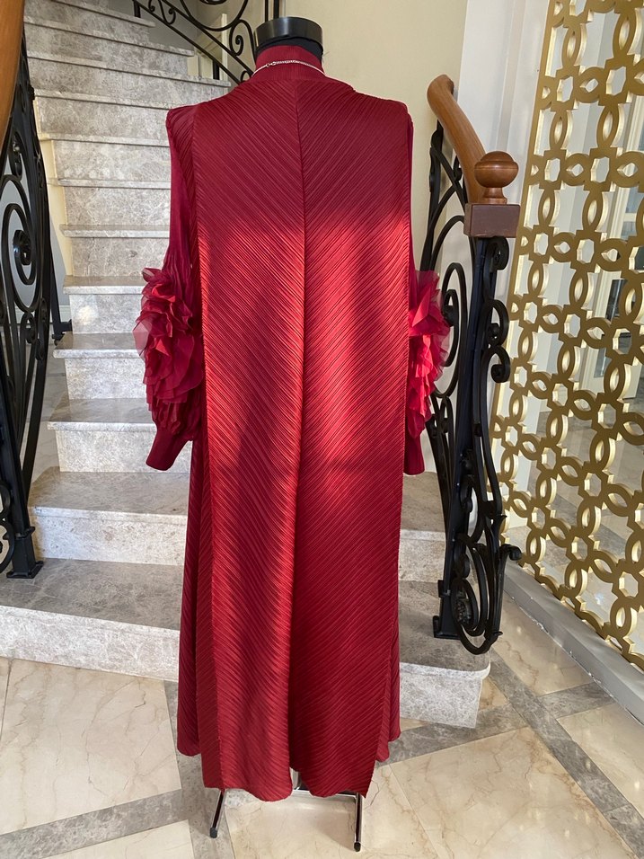 İthal Bordo Piliseli Uzun Bohem Elbise - Görsel 4