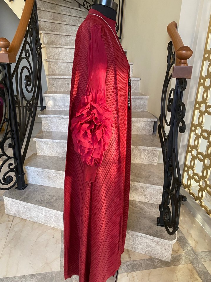 İthal Bordo Piliseli Uzun Bohem Elbise - Görsel 3