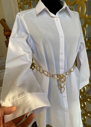 Zincir Detaylı Beyaz Uzun Kollu Kadın Gömlek - Görsel 4