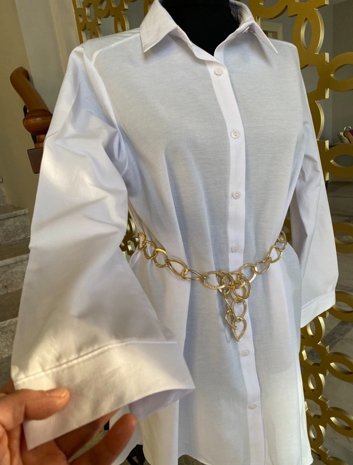 Zincir Detaylı Beyaz Uzun Kollu Kadın Gömlek - Görsel 4