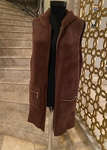Kahverengi angora Uzun Kadın Yelek - Görsel 2