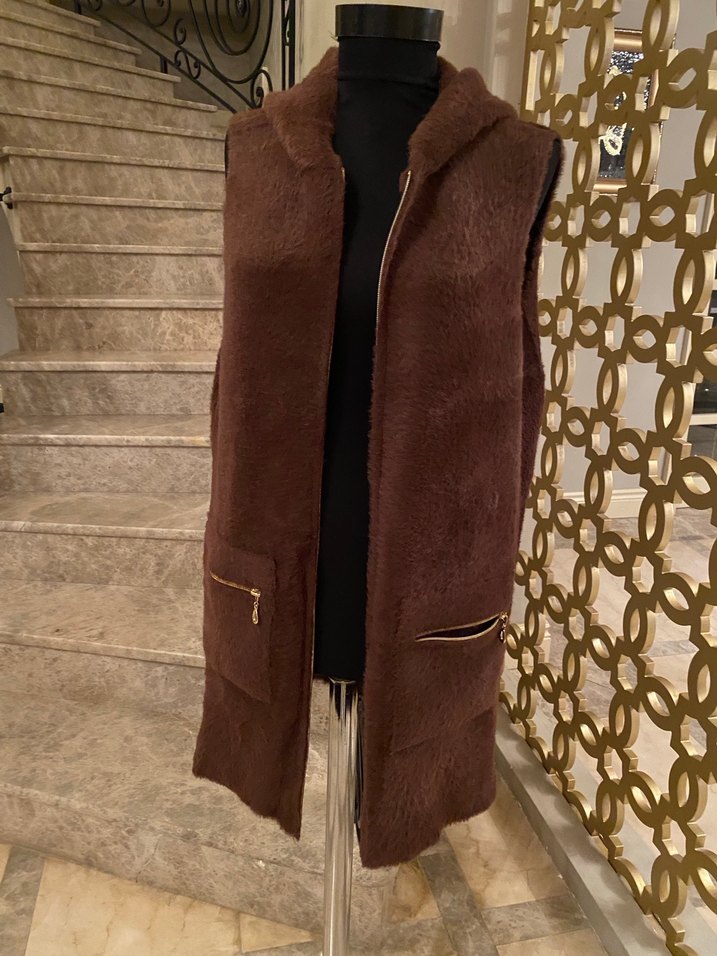 Kahverengi angora Uzun Kadın Yelek - Görsel 2