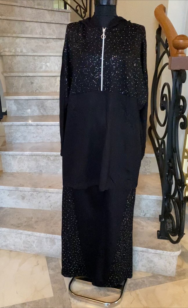 Siyah modal kumaş taşlı ikili takım 3 beden - Görsel 5